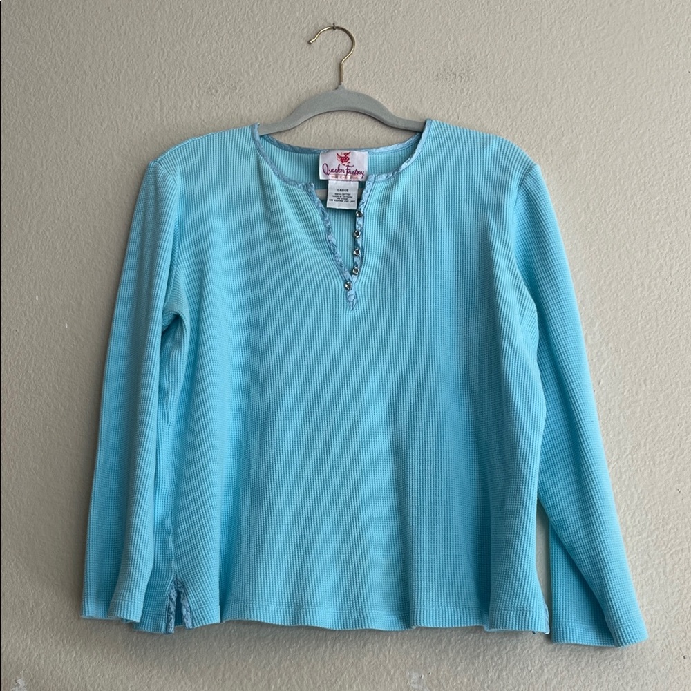 Quacker Factory Long Sleeve 100% Cotton Henley with Bling Buttons, Size Large